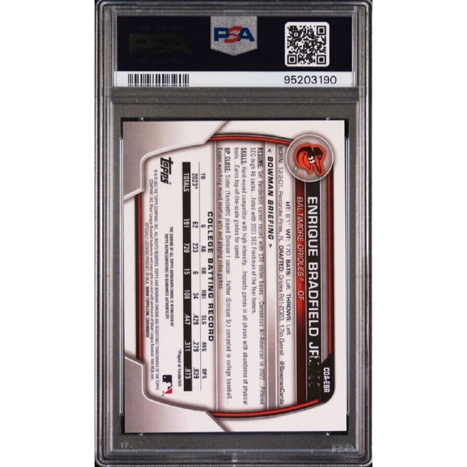 Back view of 2023 Bowman Sapphire Enrique Bradfield Jr Green Refractor autograph card /99 PSA 10
