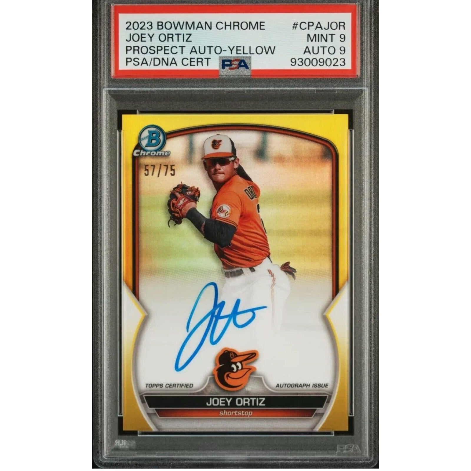 2023 Bowman Chrome Joey Ortiz Yellow Refractor autograph PSA 9 card front view