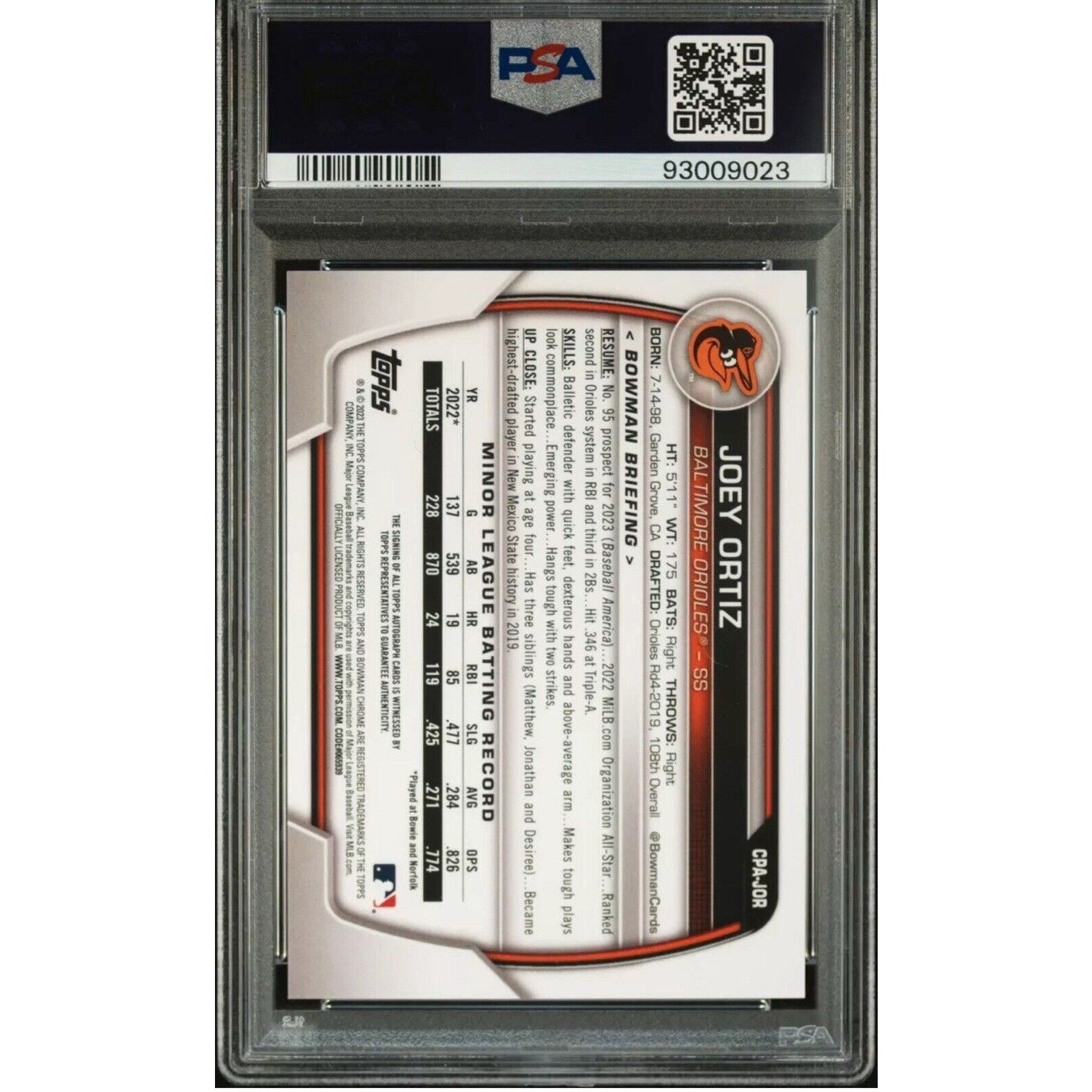 Back view of Joey Ortiz 2023 Bowman Chrome Yellow Refractor autograph card