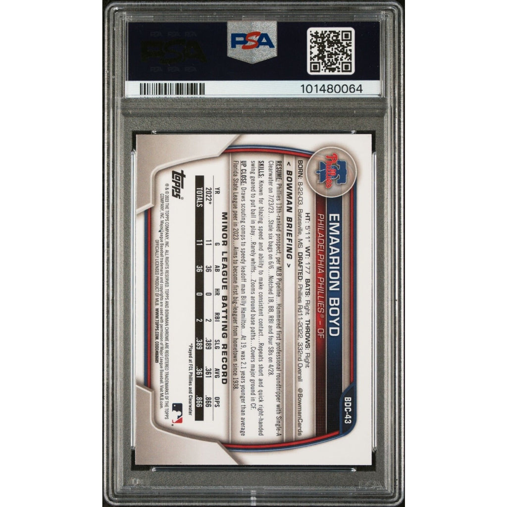 Back view of 2023 Bowman Draft Emaarion Boyd Sky Blue Refractor rookie card #BDC43 PSA 10