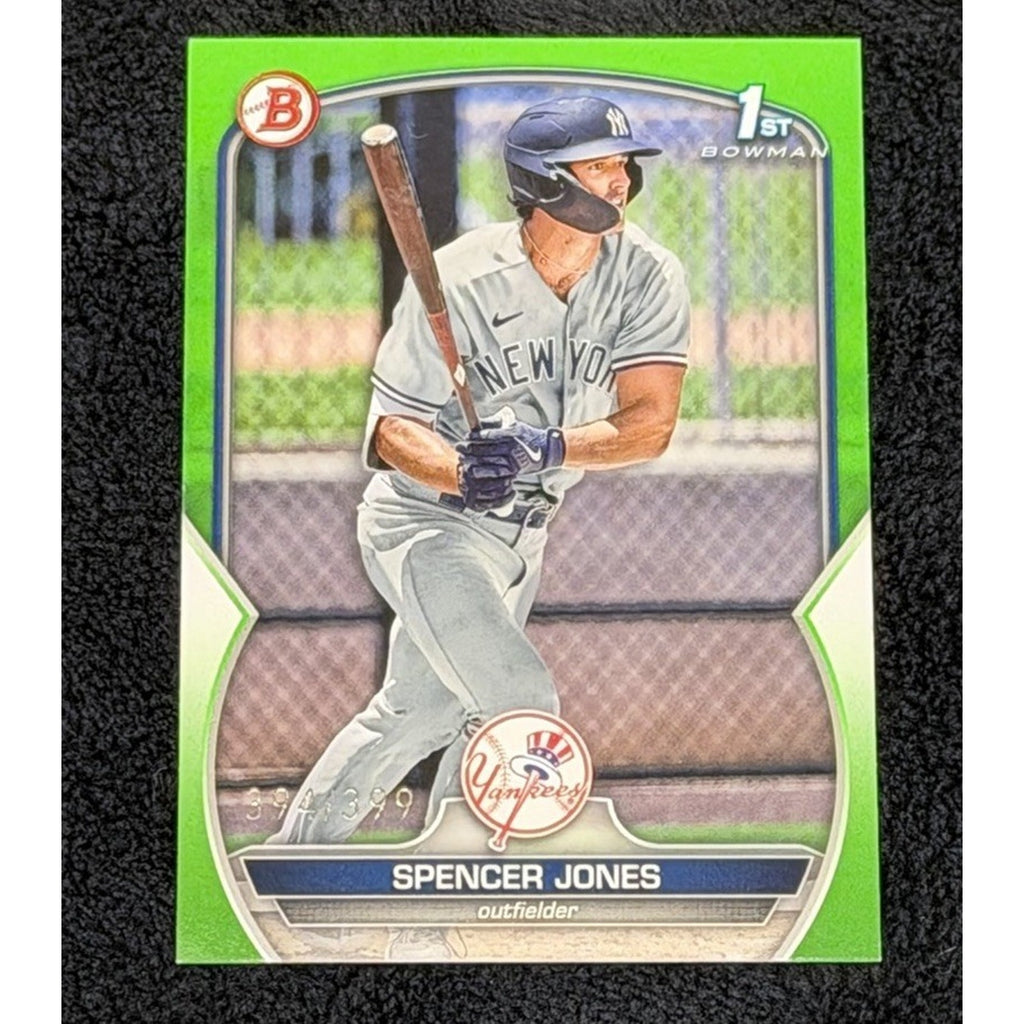 2023 Bowman Prospects Spencer Jones #BP-139 Neon Green Parallel /399 New York Yankees prospect card front