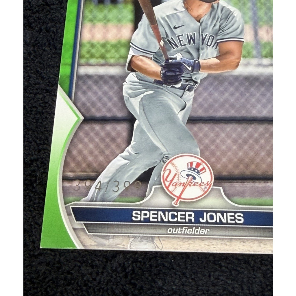 2023 Bowman Prospects Spencer Jones #BP-139 Neon Green /399 card angled front view showcasing serial-numbered parallel finish