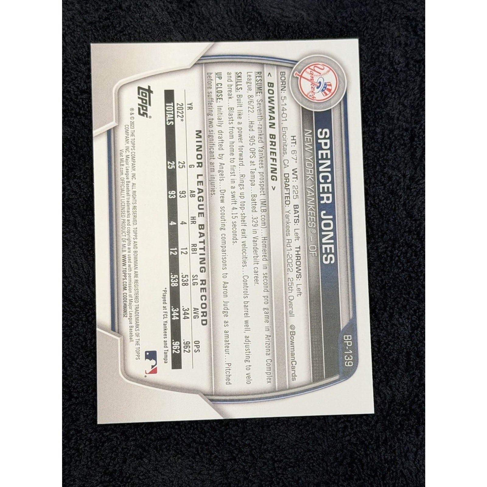2023 Bowman Prospects Spencer Jones #BP-139 Neon Green Parallel card back featuring prospect information and card details
