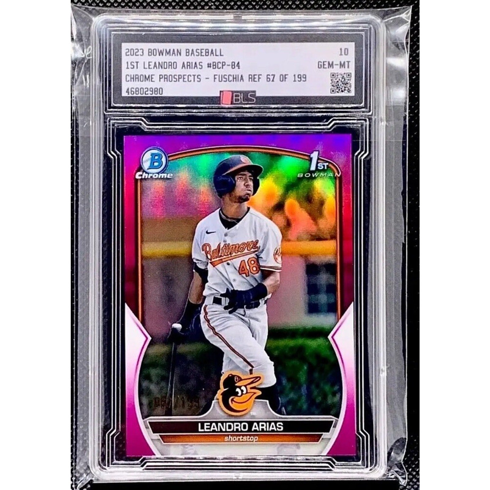 2023 Bowman Chrome Leandro Arias Fuschia Refractor rookie card /199 BLS 10 GEM front view