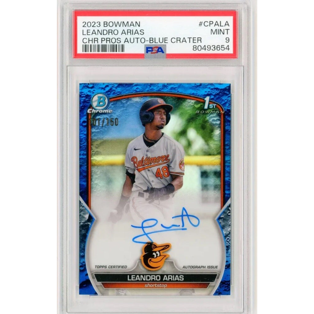 2023 Bowman Chrome Leandro Arias Blue Crater Refractor auto rookie card PSA 9 front view