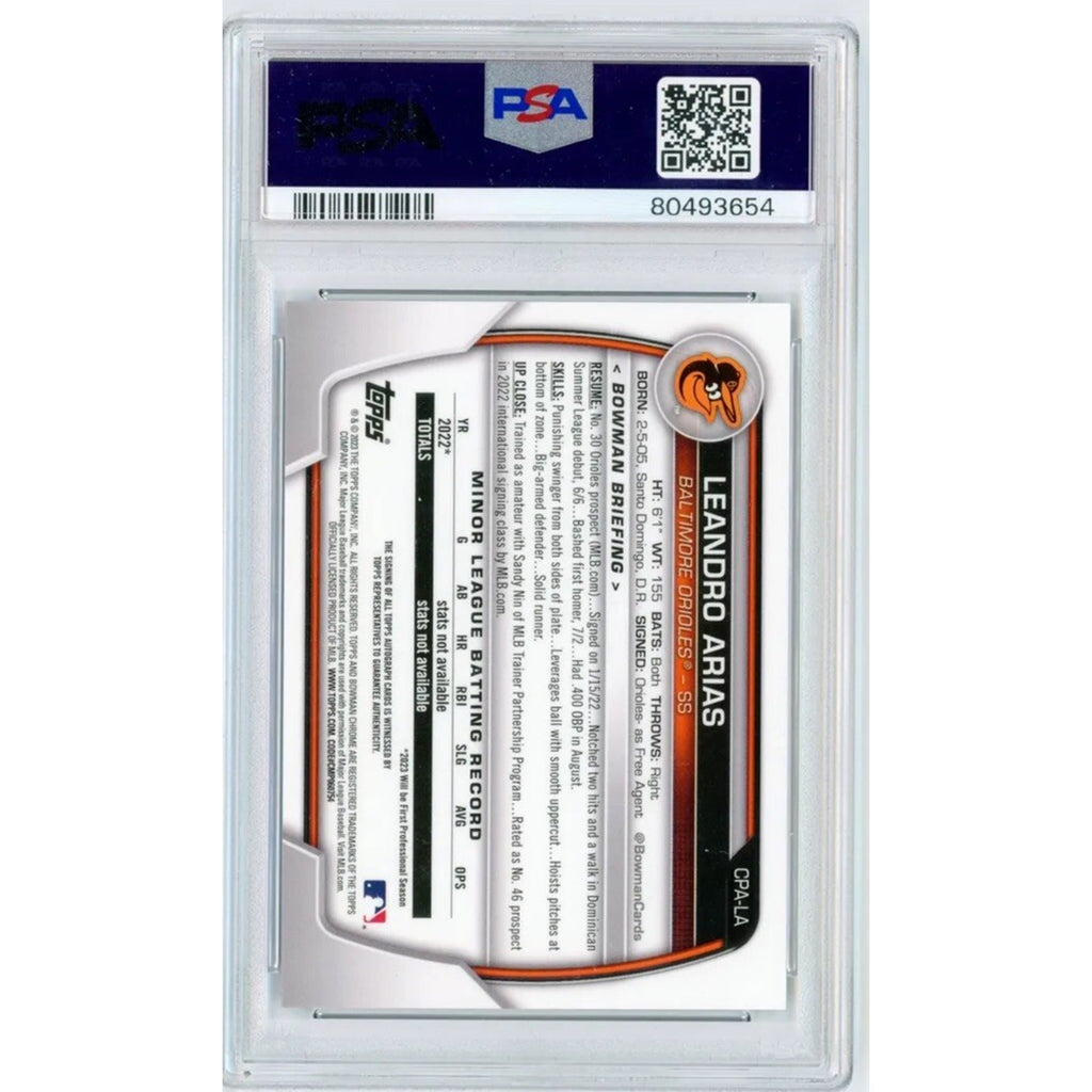 Back view of 2023 Bowman Chrome Leandro Arias Blue Crater Refractor autograph card /150 PSA 9