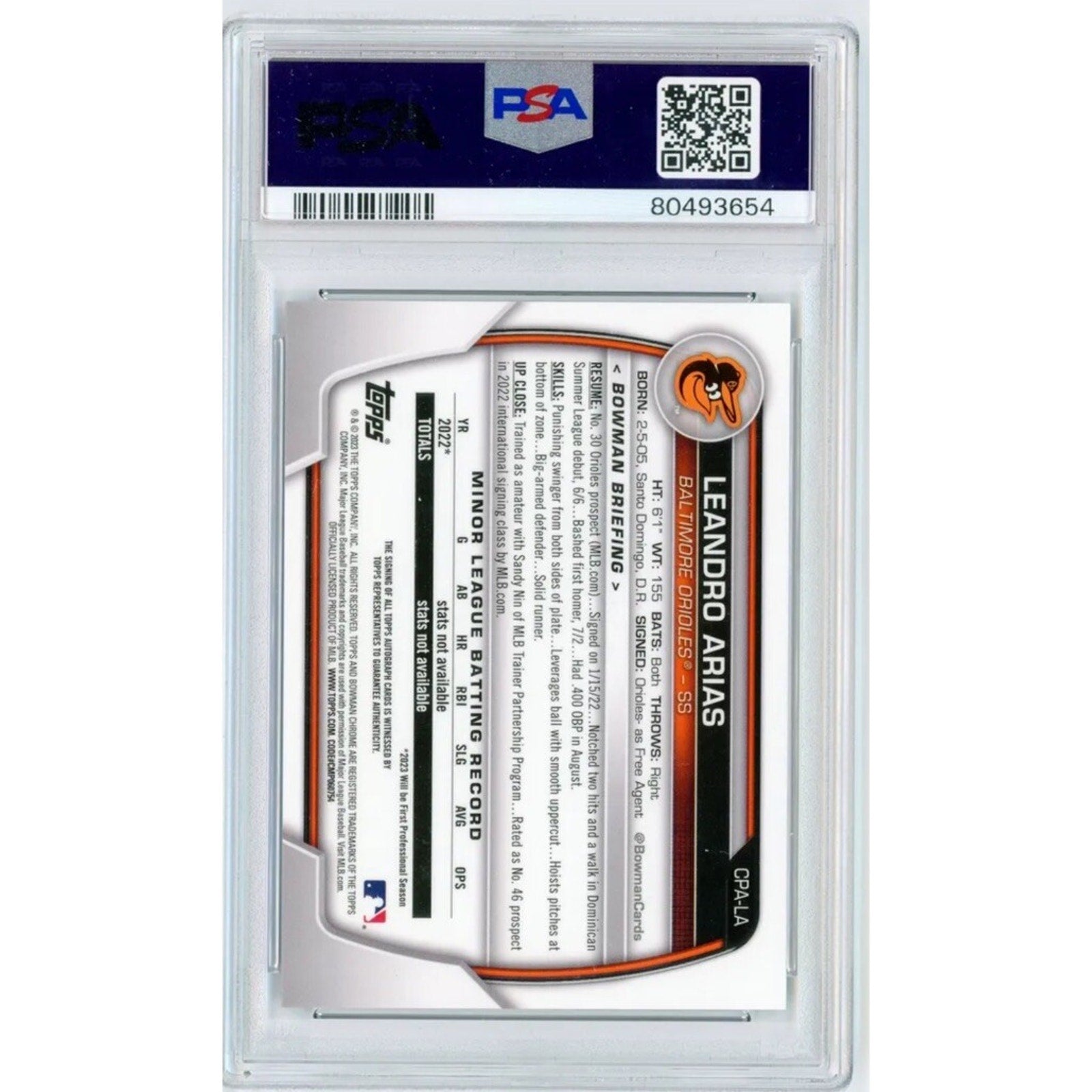 Back view of 2023 Bowman Chrome Leandro Arias Blue Crater Refractor autograph card /150 PSA 9