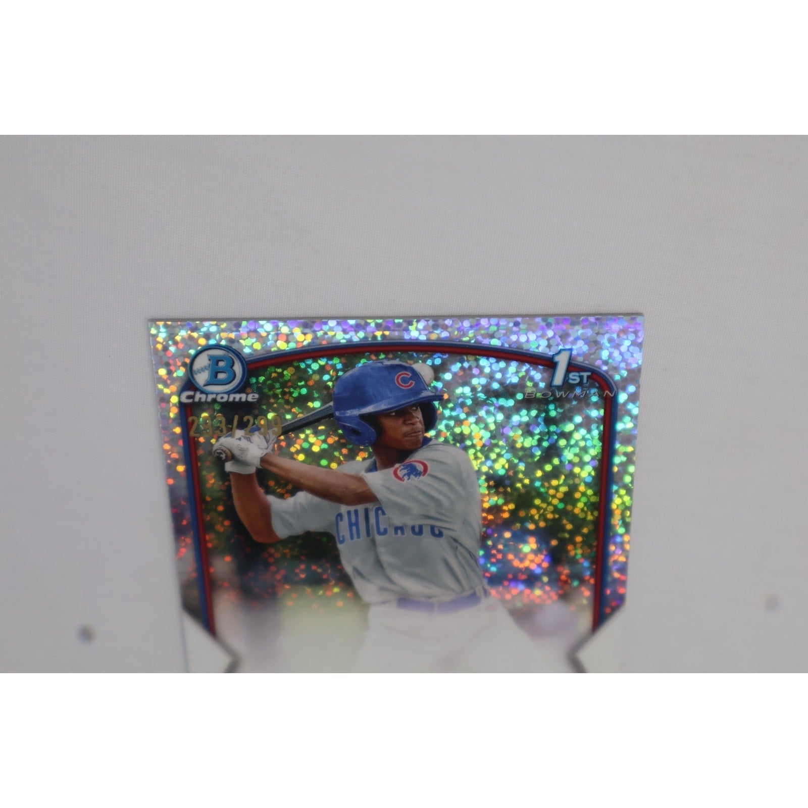 Detailed front refractor shine and speckle pattern on 2023 Bowman Chrome Derniche Valdez auto card