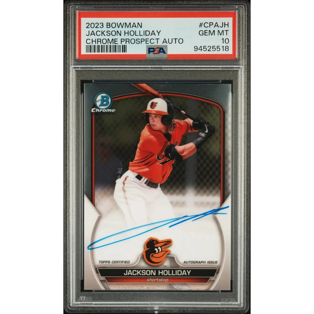 2023 Bowman Chrome Prospect Autographs Jackson Holliday rookie autograph card #CPAJH graded PSA 10 featuring Baltimore Orioles prospect
