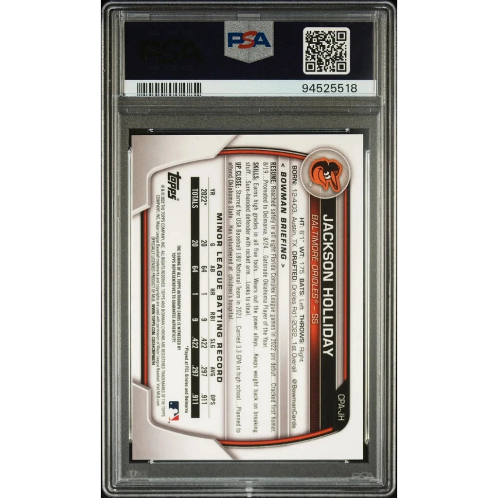 Back view of PSA 10 graded 2023 Bowman Chrome Jackson Holliday Prospect Autographs card #CPAJH