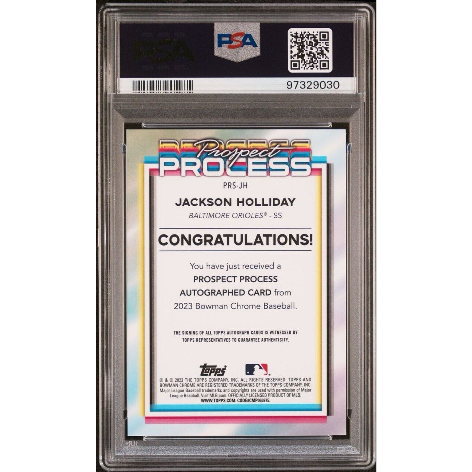 Back view of Jackson Holliday 2023 Bowman Chrome Prospect Process autograph card
