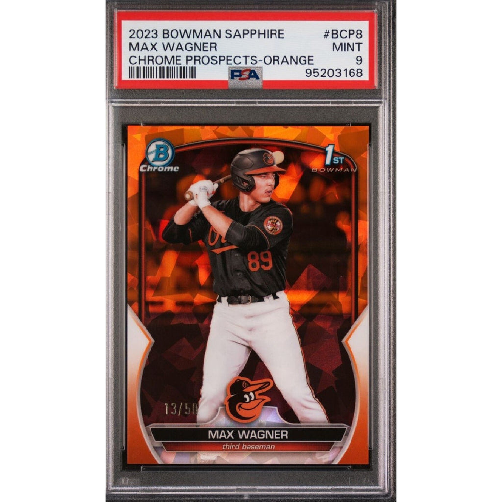 2023 Bowman Chrome Sapphire Max Wagner Orange Refractor prospect card /25 PSA 9 front view