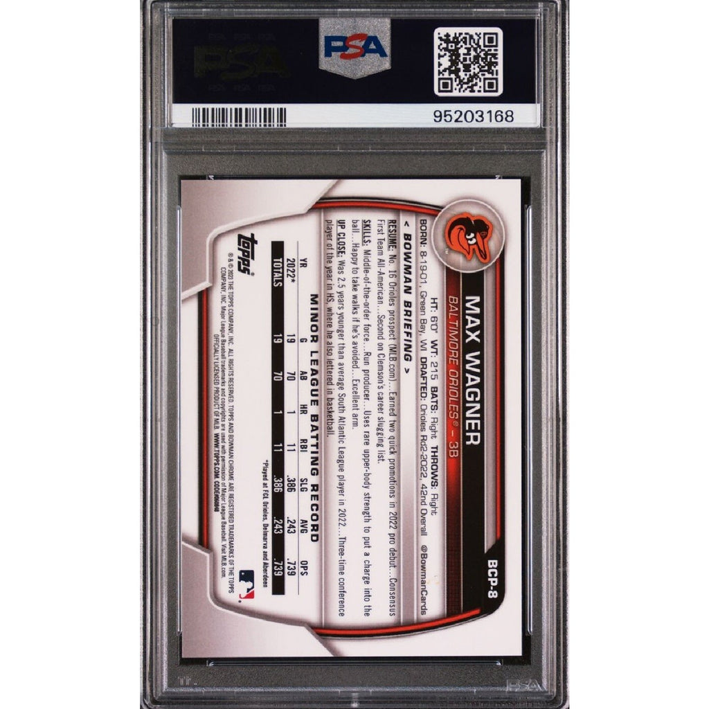 Back view of 2023 Bowman Chrome Sapphire Max Wagner Orange Refractor prospect card BCP8 PSA 9