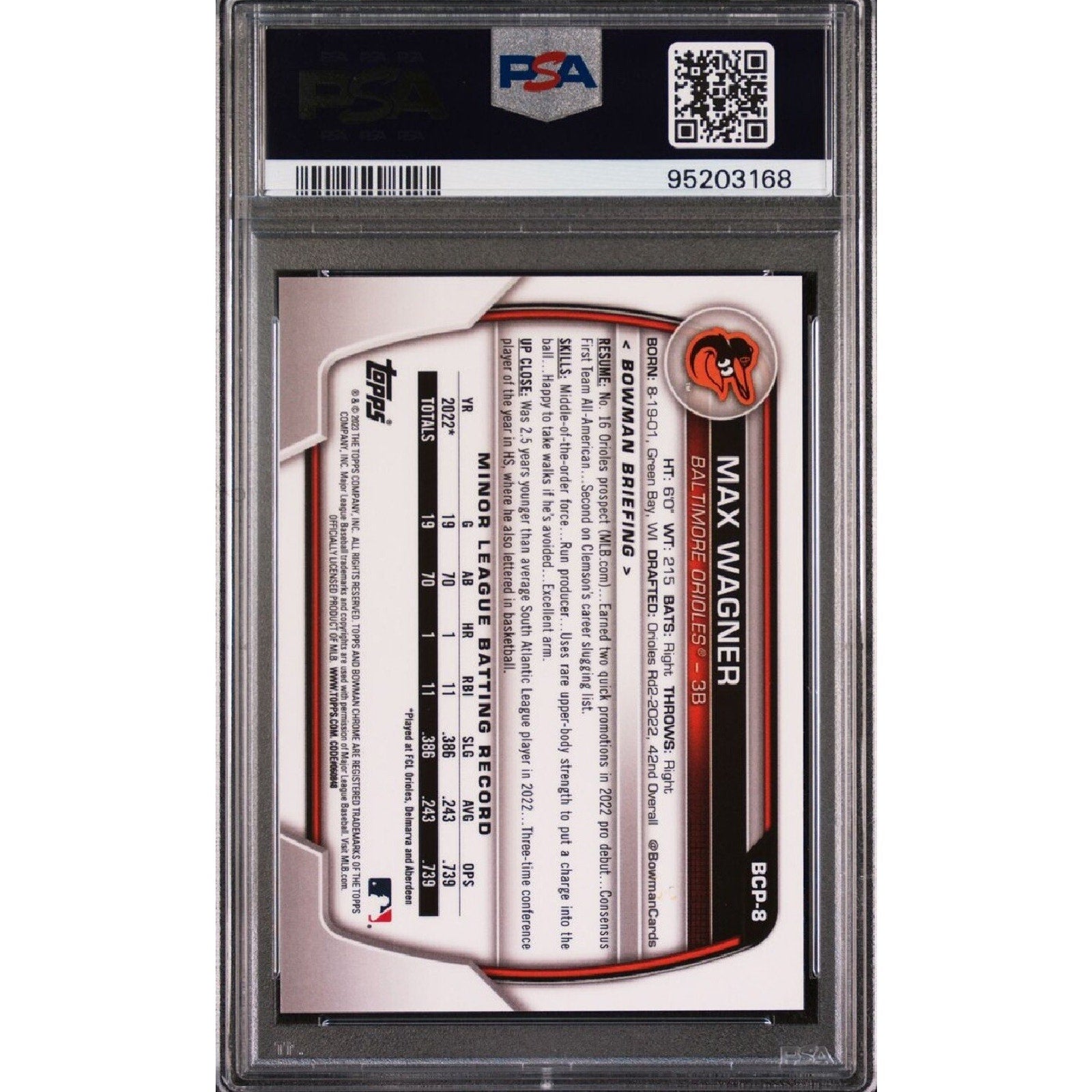 Back view of 2023 Bowman Chrome Sapphire Max Wagner Orange Refractor prospect card BCP8 PSA 9