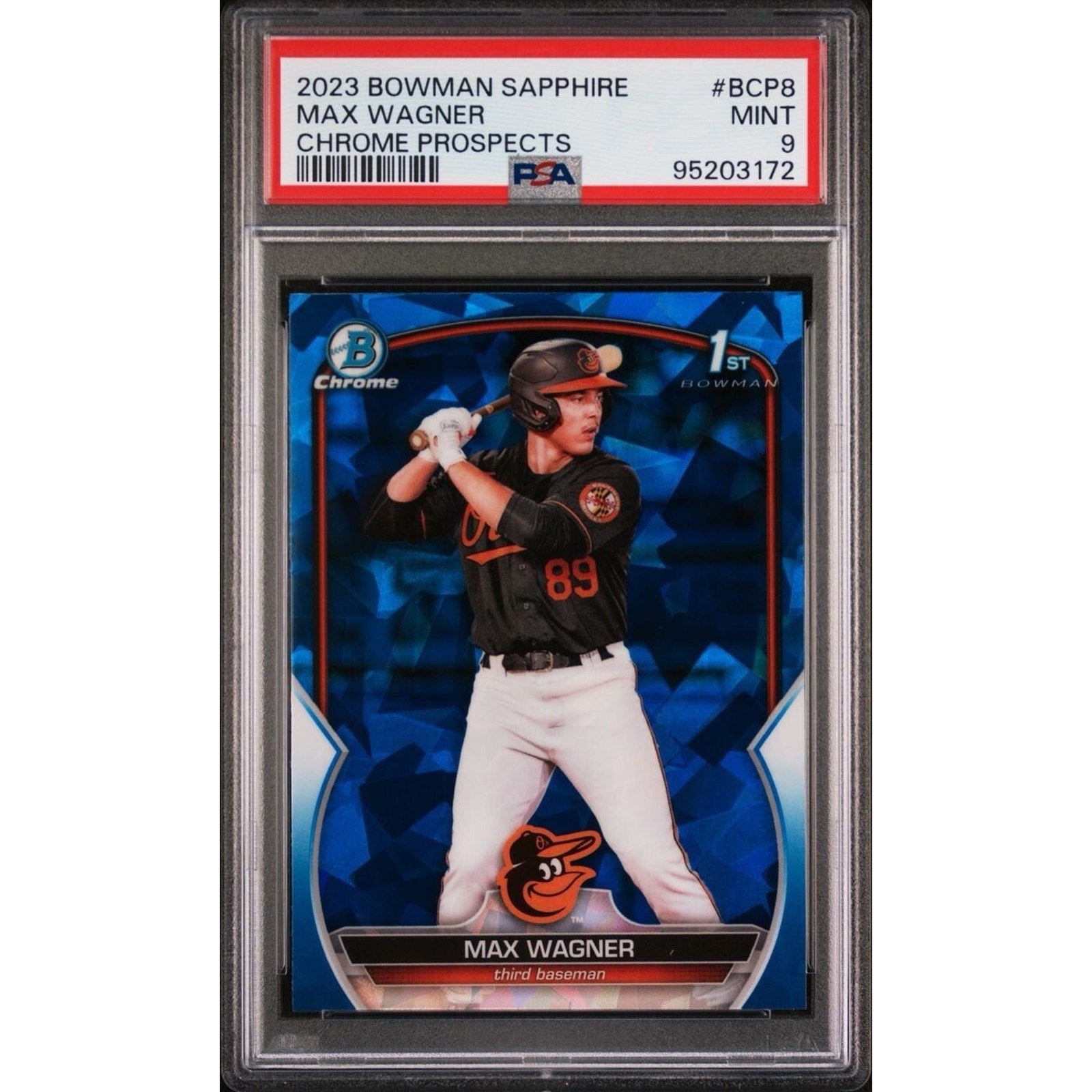 2023 Bowman Chrome Sapphire Max Wagner Prospects BCP8 PSA 9 Baltimore Orioles card