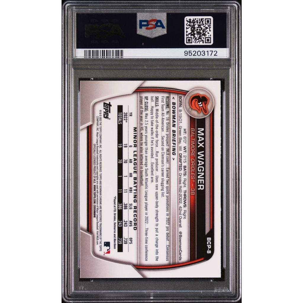 Back of 2023 Bowman Chrome Sapphire Max Wagner Prospects PSA 9 card slab