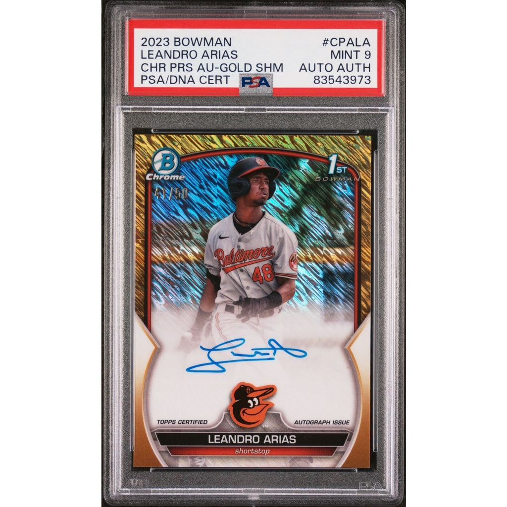 2023 Bowman Draft Leandro Arias Gold Shimmer Refractor auto rookie card PSA 9 front view