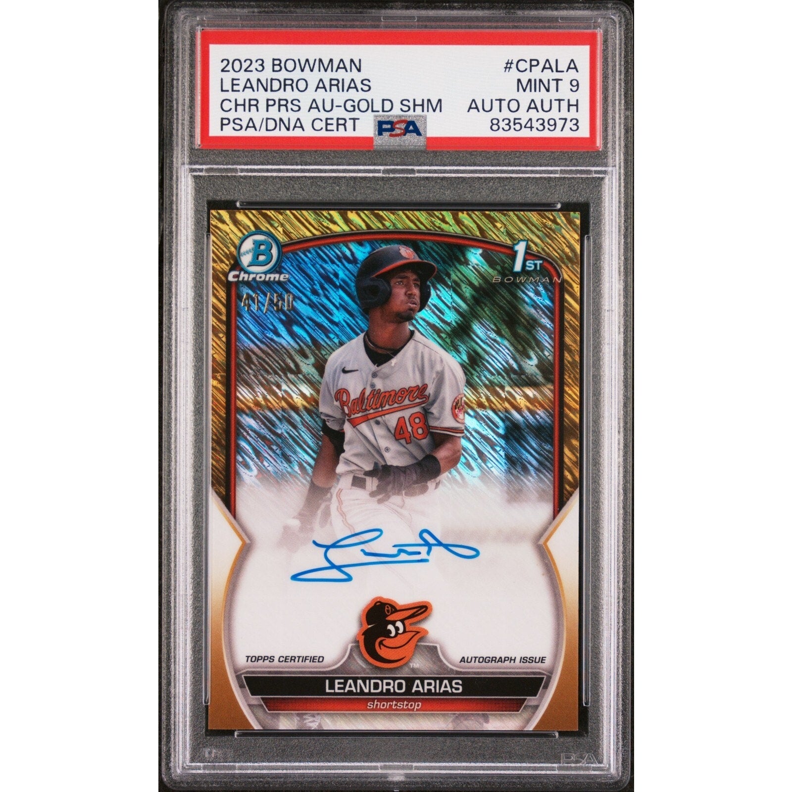 2023 Bowman Draft Leandro Arias Gold Shimmer Refractor auto rookie card PSA 9 front view