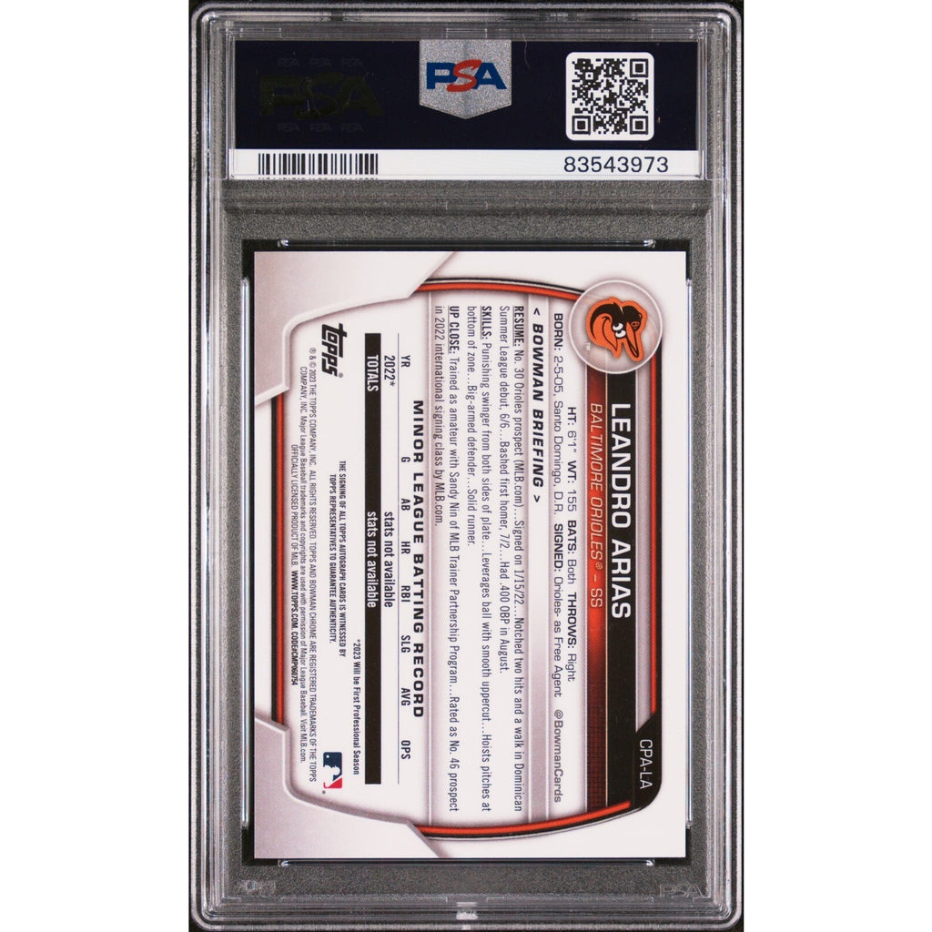 Back view of 2023 Bowman Draft Leandro Arias Gold Shimmer Refractor autograph card /50 PSA 9