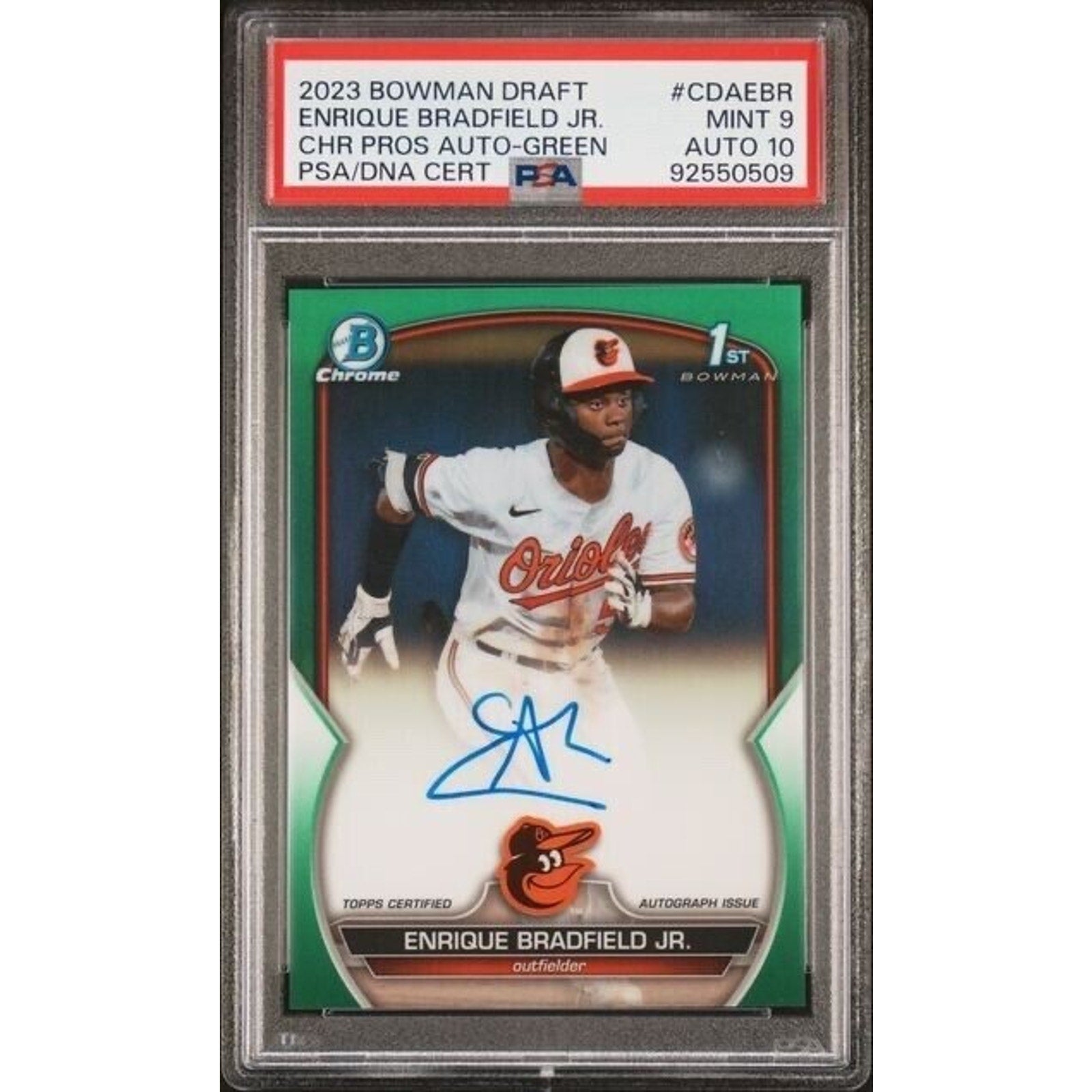 2023 Bowman Draft Enrique Bradfield Jr Green Refractor auto rookie card /99 PSA 9 Auto 10 front view