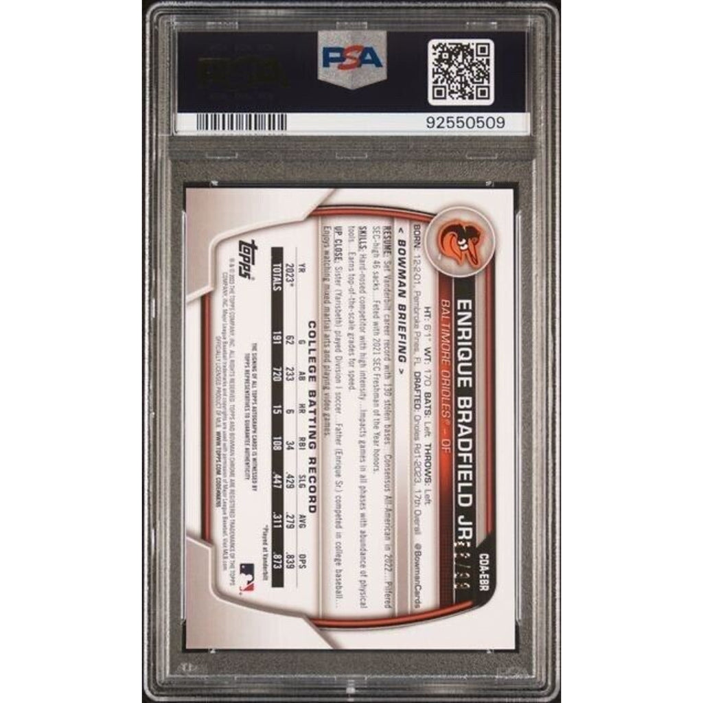 Back view of 2023 Bowman Draft Enrique Bradfield Jr Green Refractor autograph card /99 PSA 9 Auto 10