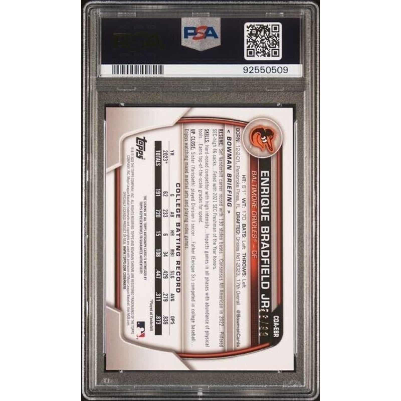 Back view of 2023 Bowman Draft Enrique Bradfield Jr Green Refractor autograph card /99 PSA 9 Auto 10