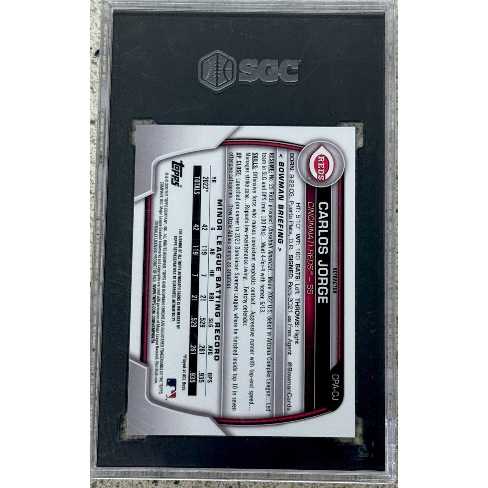 Back view of Carlos Jorge 2023 Bowman Chrome autograph refractor rookie card in SGC slab