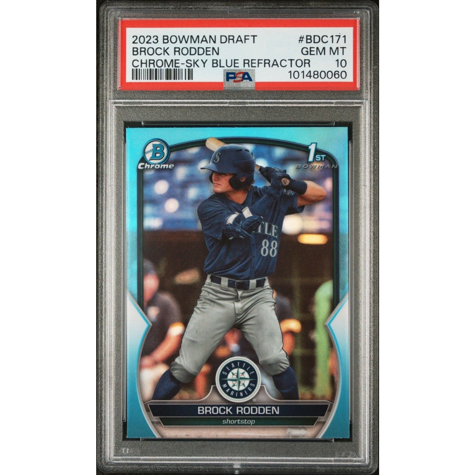 2023 Bowman Draft Brock Rodden Sky Blue Refractor rookie card #BDC-171 PSA 10 Gem Mint front view