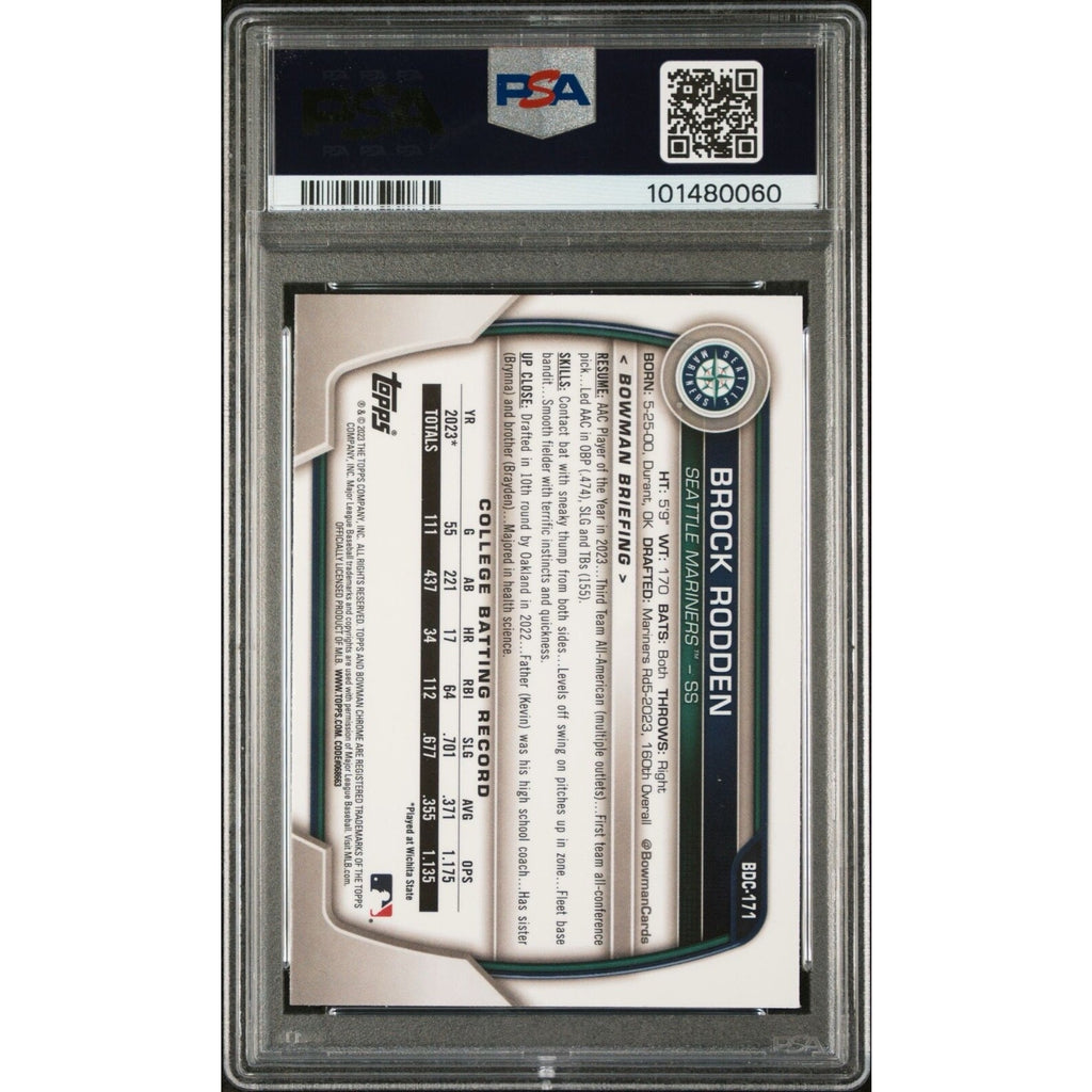 Back view of 2023 Bowman Draft Brock Rodden Sky Blue Refractor rookie card #BDC-171 PSA 10 Gem Mint
