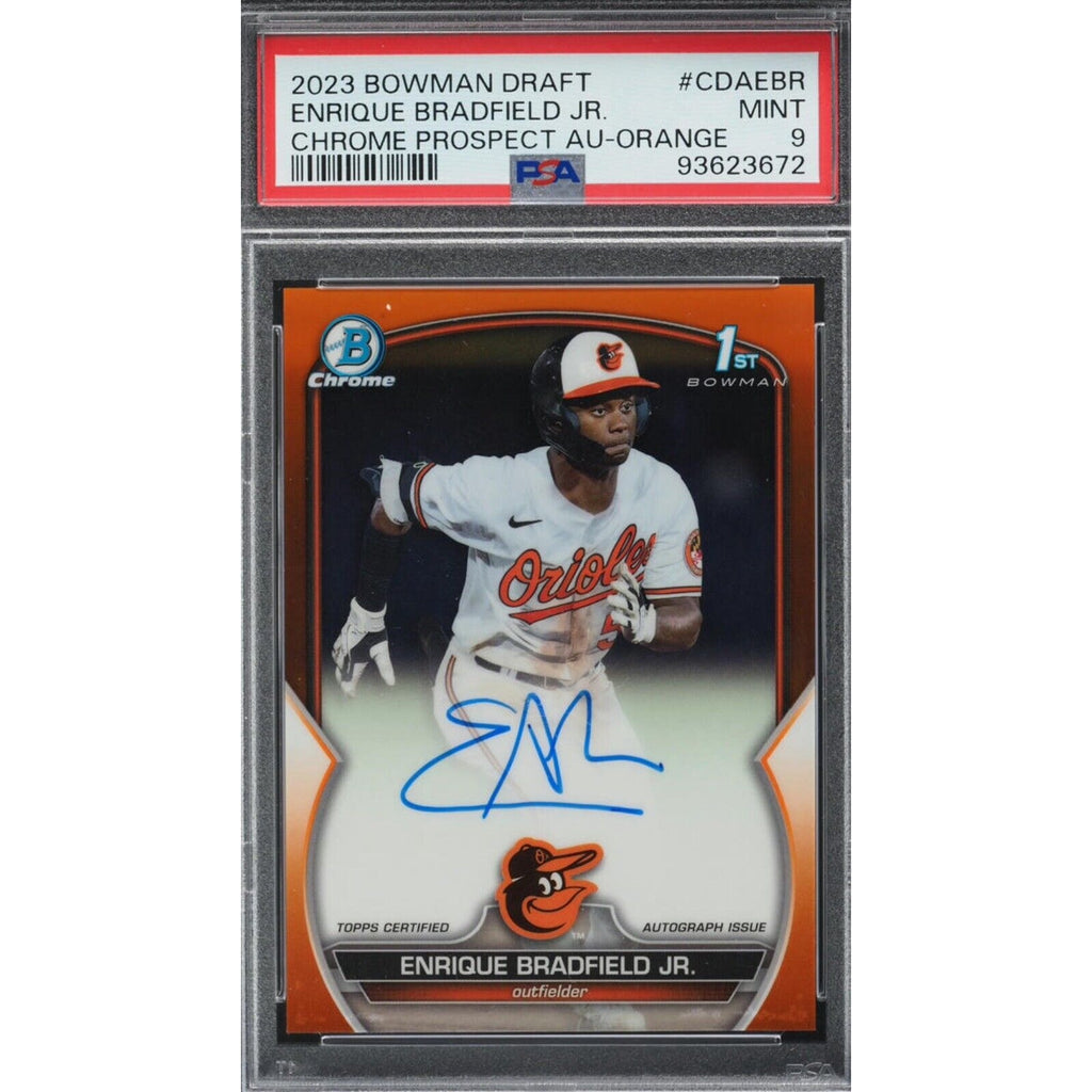 2023 Bowman Draft Enrique Bradfield Jr TRUE Orange Refractor autograph PSA 9 card front view