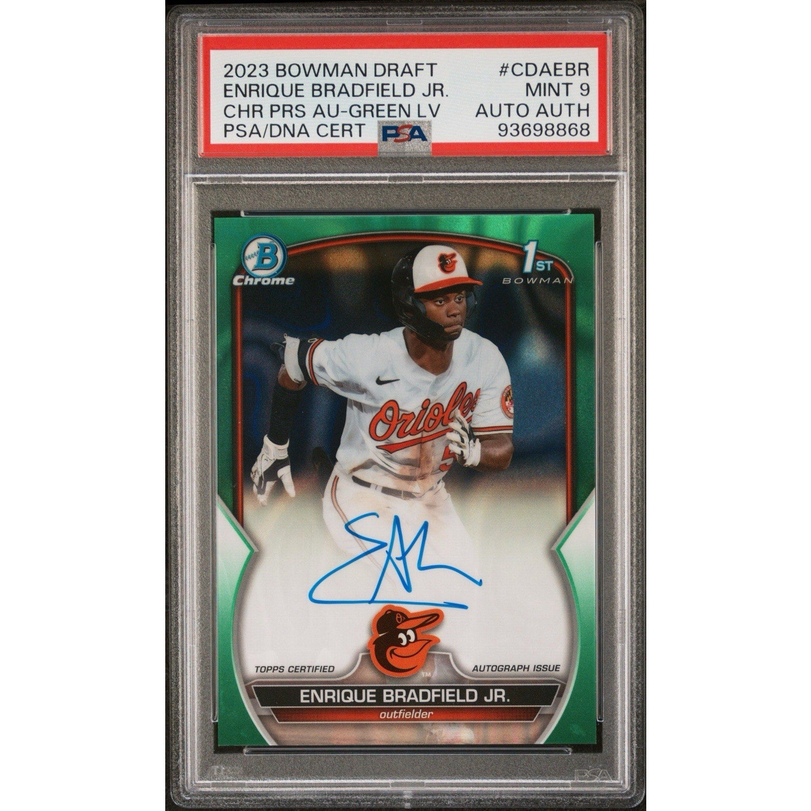 2023 Bowman Draft Enrique Bradfield Jr. Green Lava Refractor autograph card #CDA-EBJ /99 PSA 9 Baltimore Orioles front view