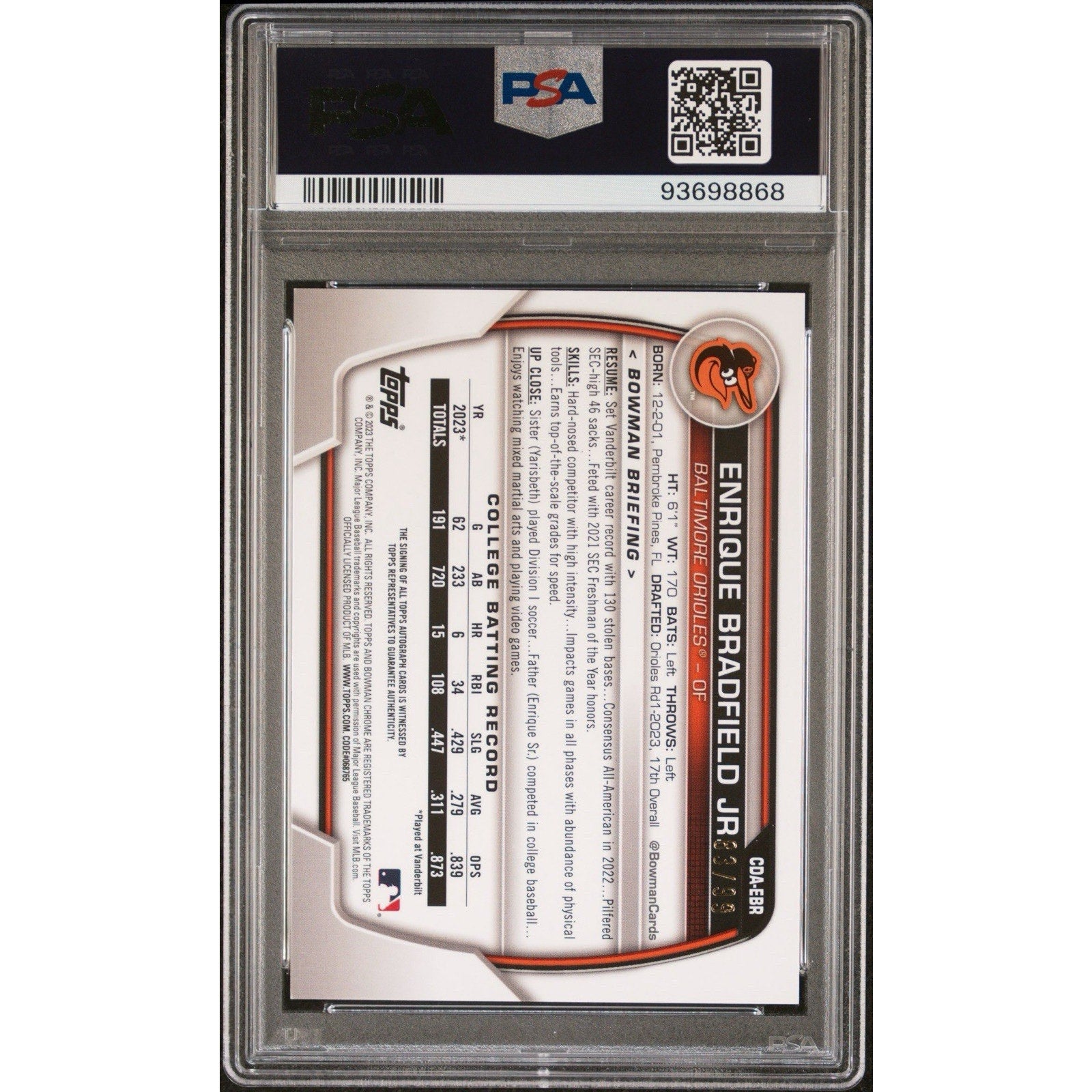 Back view of 2023 Bowman Draft Enrique Bradfield Jr. Green Lava auto baseball card graded PSA 9 with PSA DNA authentication