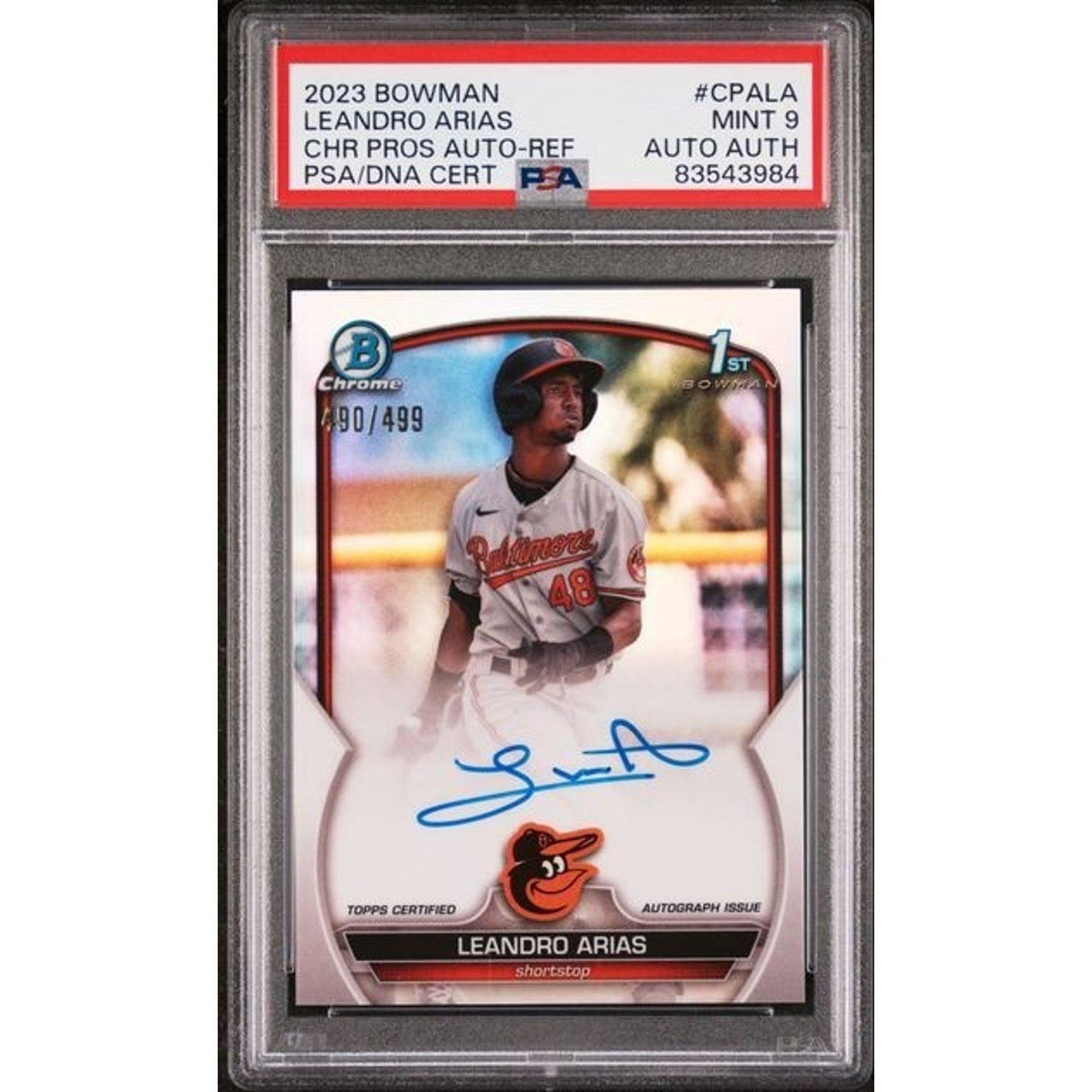 2023 Bowman Draft Leandro Arias Chrome Rookie Auto Refractor PSA 9 card front view