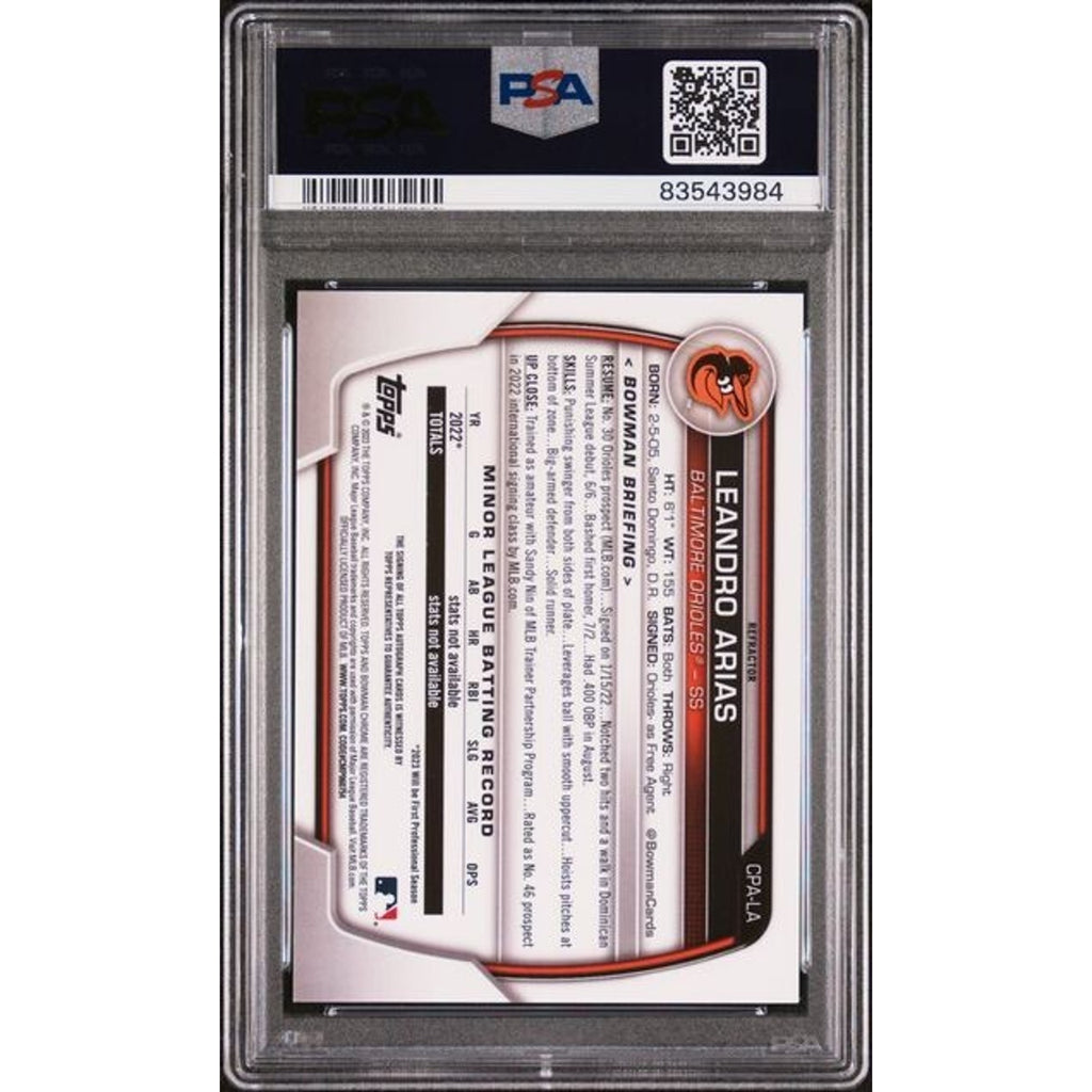 Back view of 2023 Bowman Draft Leandro Arias Chrome Rookie Auto Refractor /499 PSA 9 card