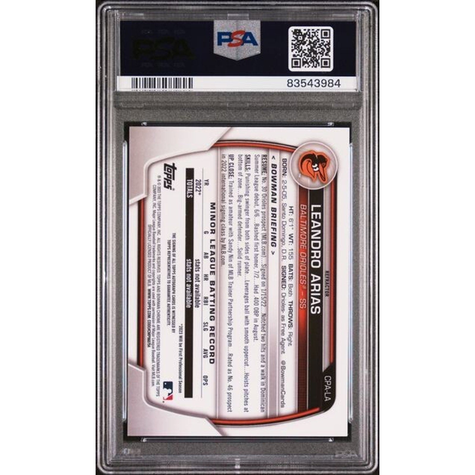 Back view of 2023 Bowman Draft Leandro Arias Chrome Rookie Auto Refractor /499 PSA 9 card