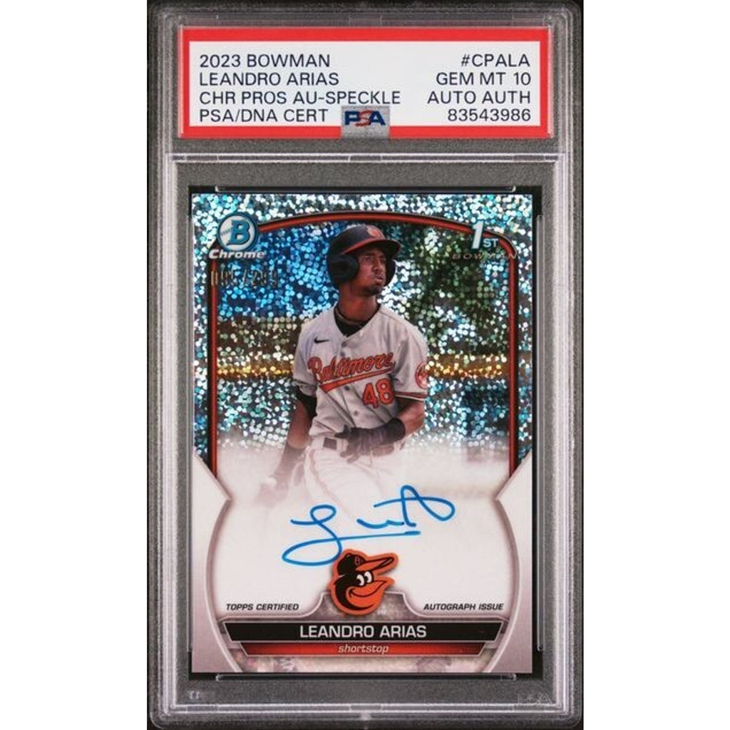 2023 Bowman Draft Speckle Refractor Leandro Arias auto rookie card PSA 10 Gem Mint front view