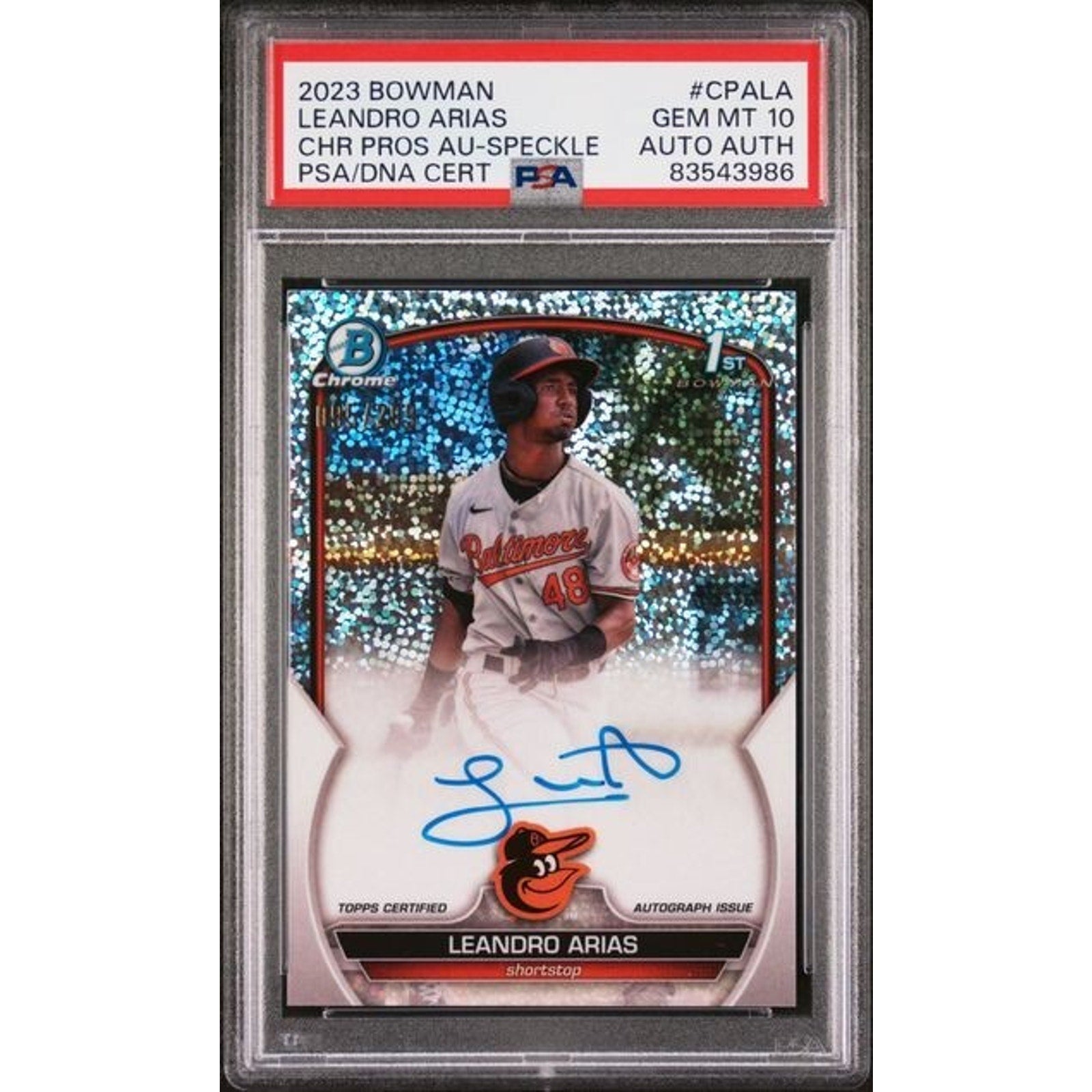2023 Bowman Draft Speckle Refractor Leandro Arias auto rookie card PSA 10 Gem Mint front view