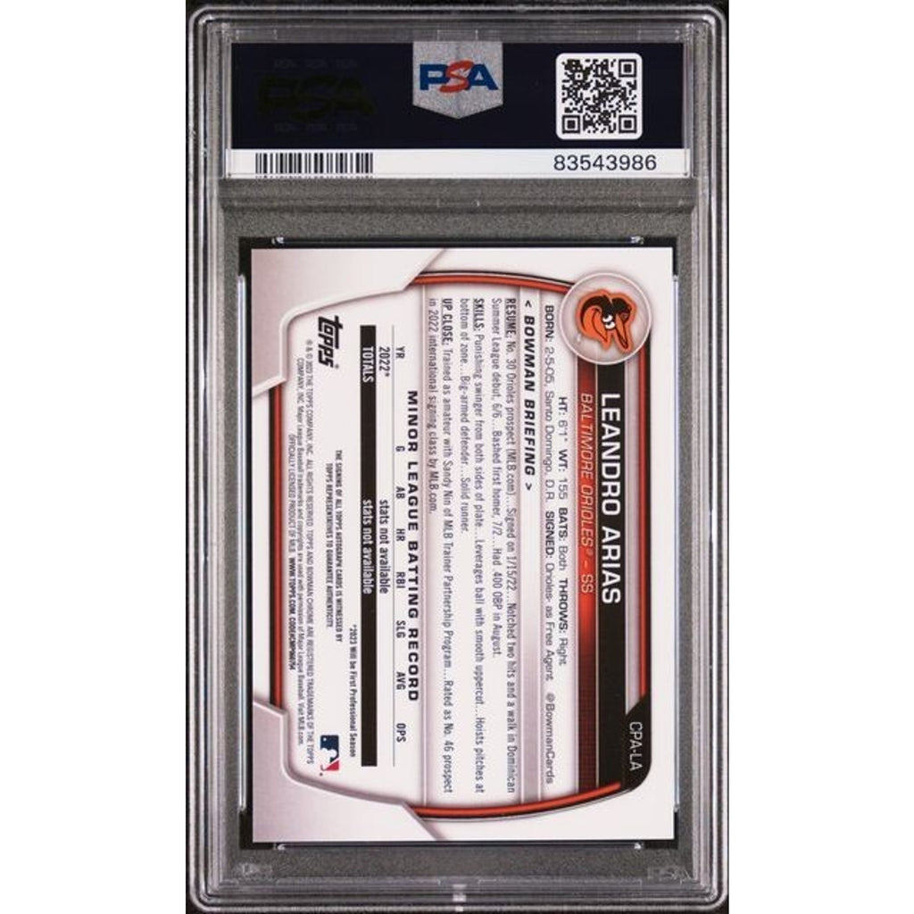 Back view of 2023 Bowman Draft Leandro Arias Speckle Refractor autograph card /299 PSA 10
