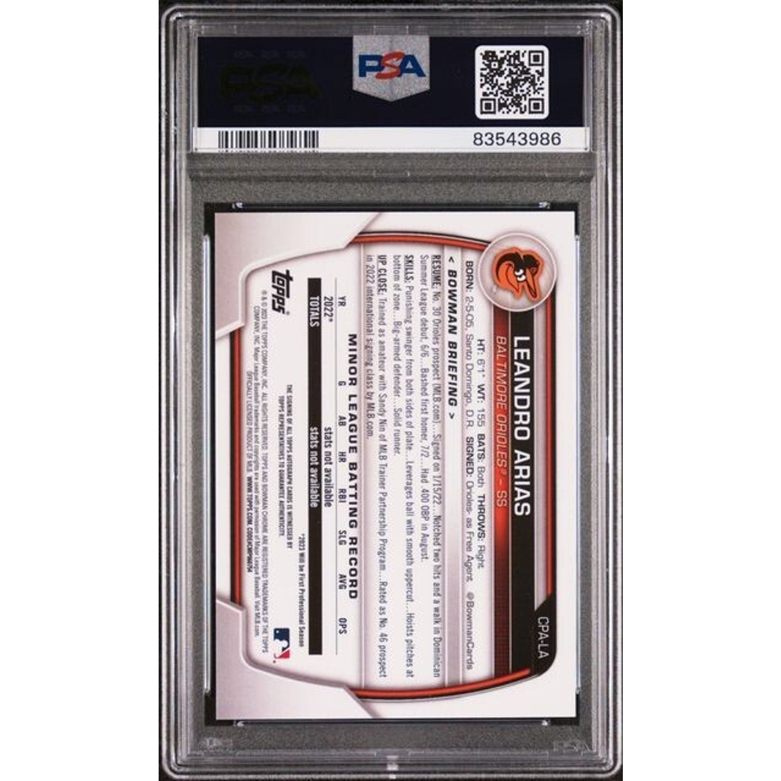 Back view of 2023 Bowman Draft Leandro Arias Speckle Refractor autograph card /299 PSA 10