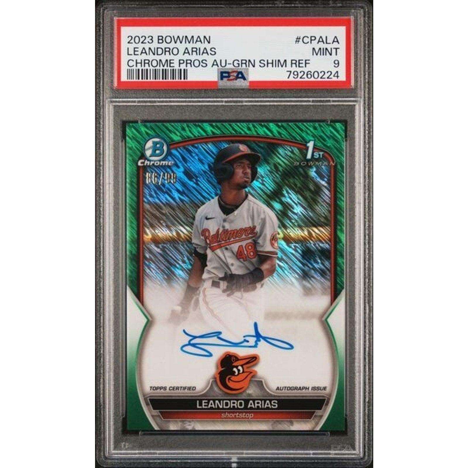 2023 Bowman Leandro Arias Green Shimmer Refractor auto rookie card PSA 9 front view