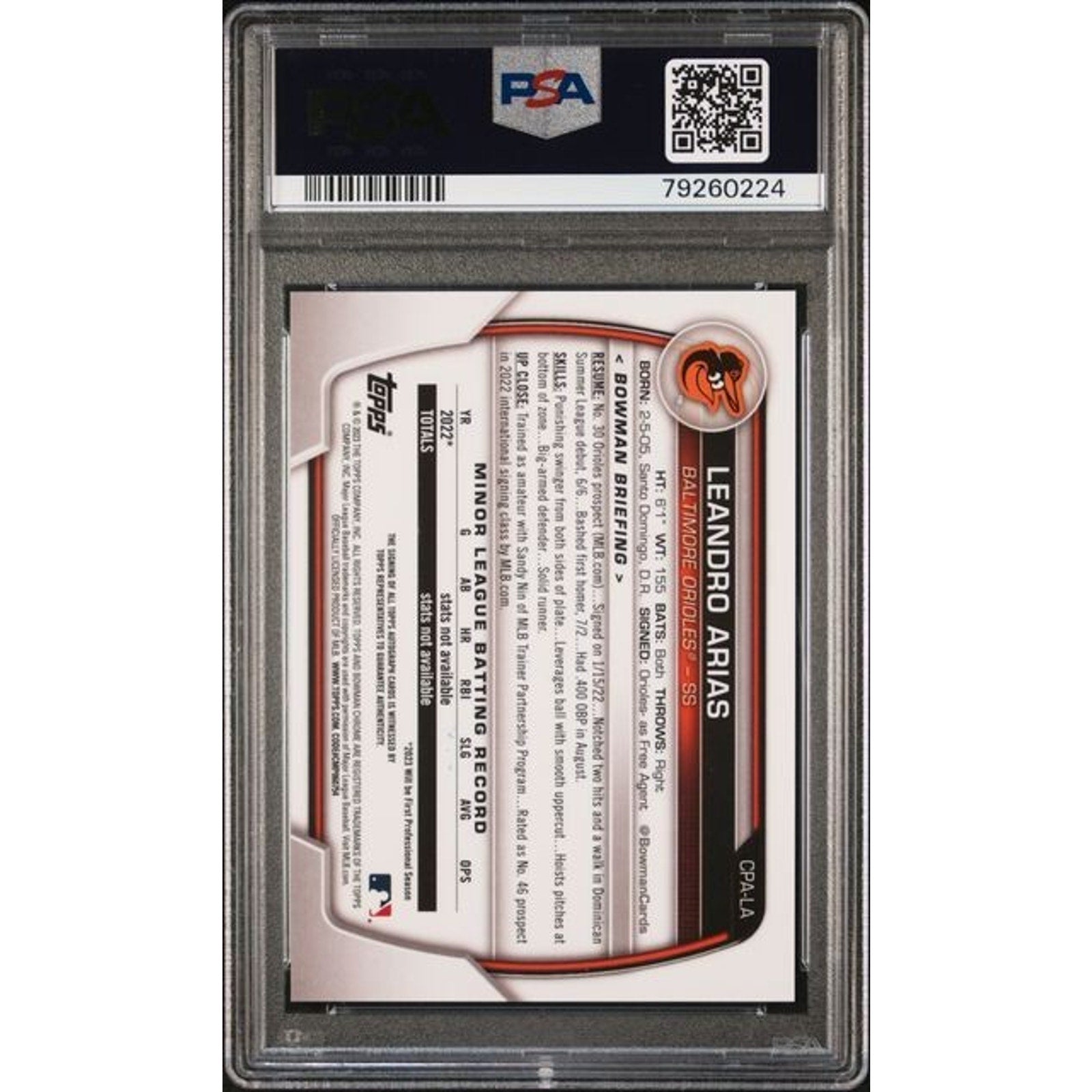 Back view of 2023 Bowman Leandro Arias Chrome Auto Green Shimmer Refractor /99 PSA 9 card