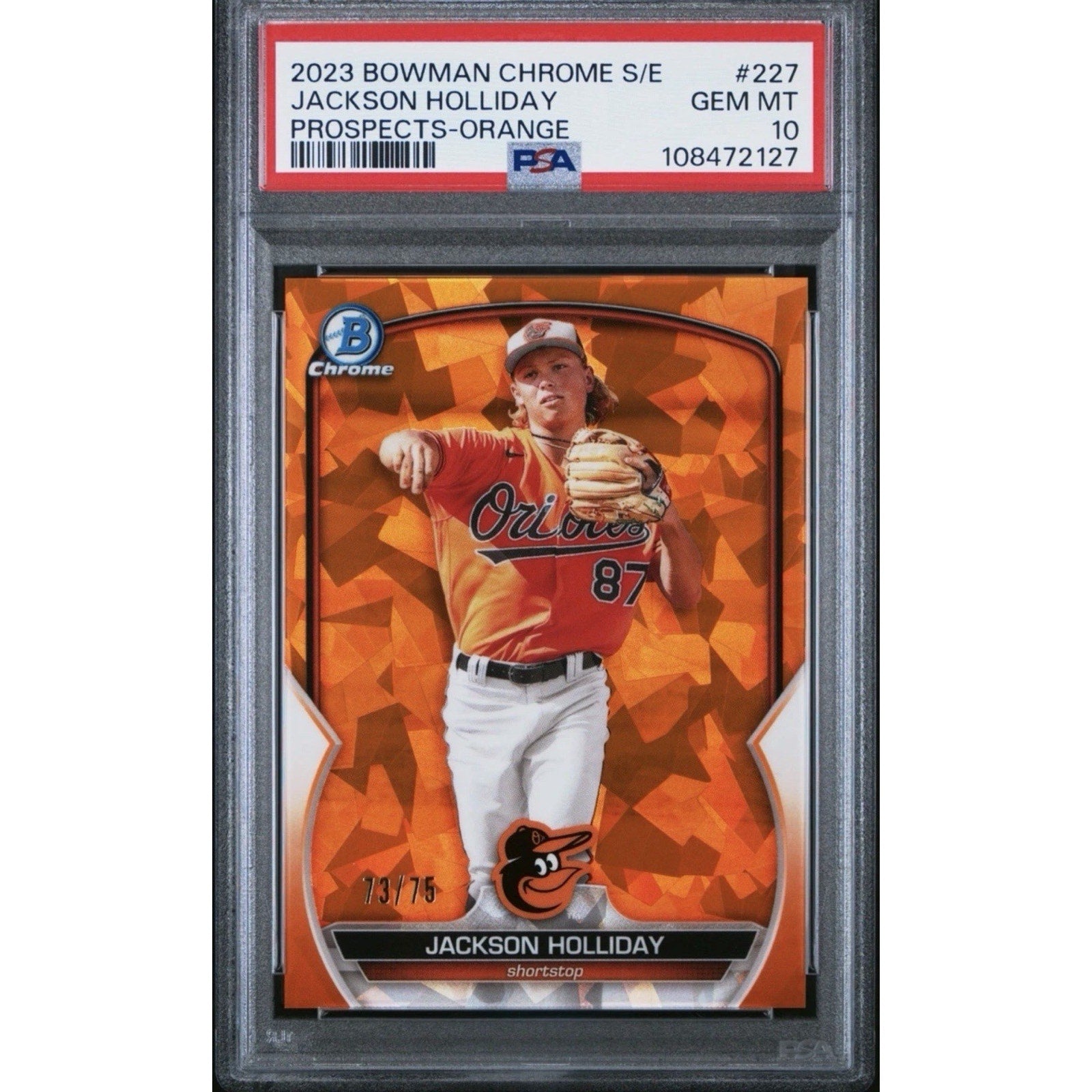 2023 Bowman Chrome Sapphire Jackson Holliday Orange refractor rookie card numbered 71/75 graded PSA 10 Gem Mint