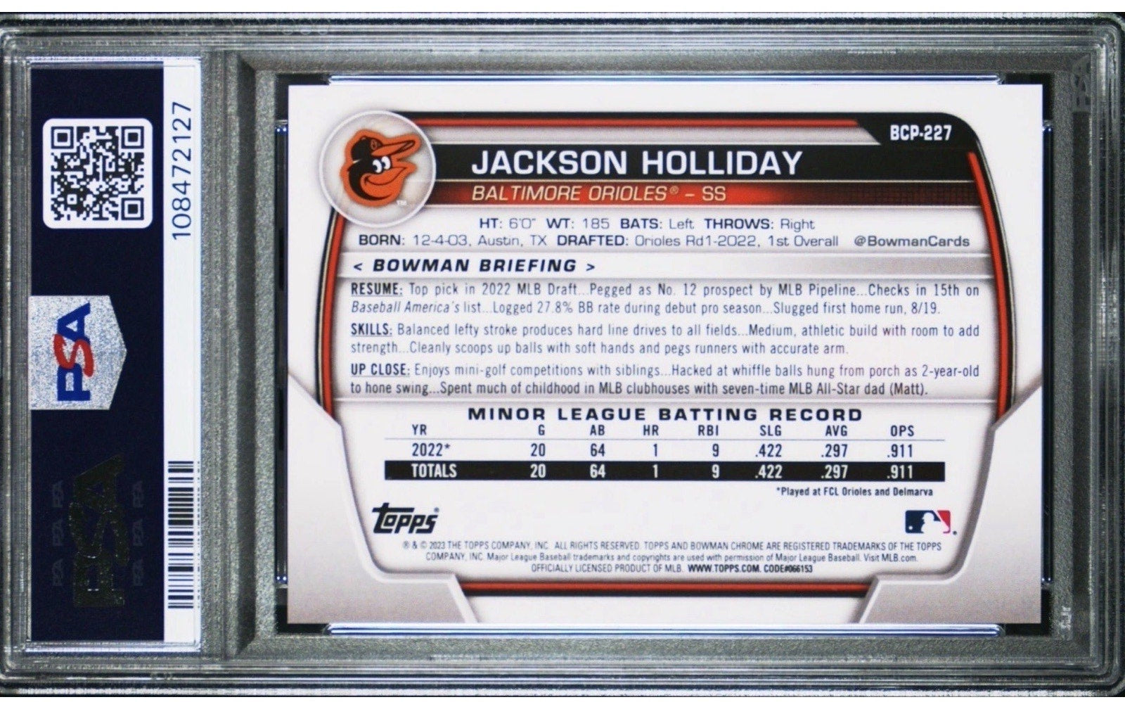 Back of PSA 10 graded 2023 Bowman Chrome Sapphire Jackson Holliday Orange parallel card
