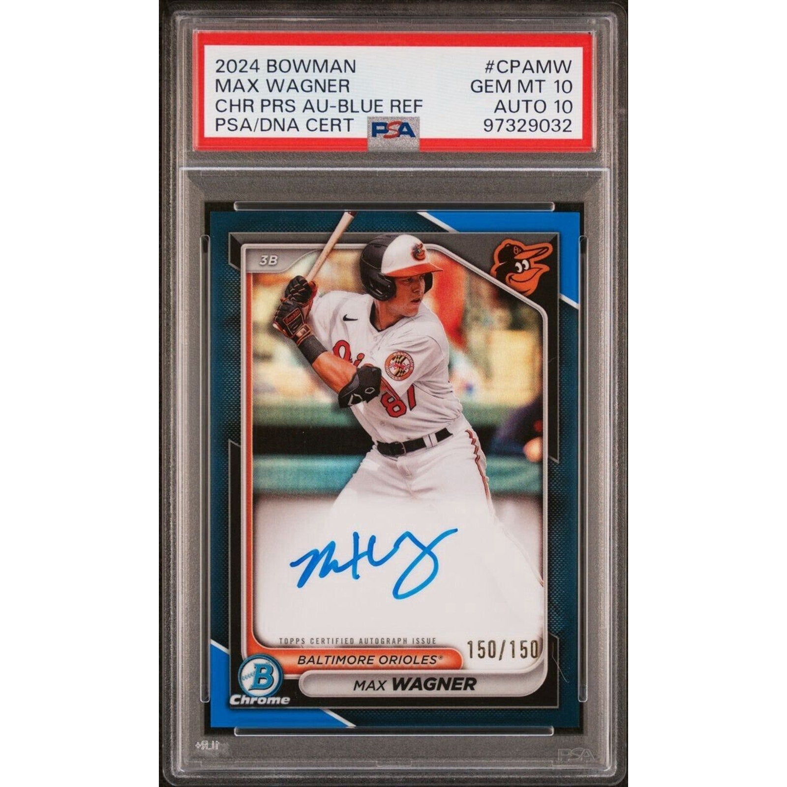 2023 Bowman Chrome Max Wagner Blue Refractor autograph PSA 10 card front view