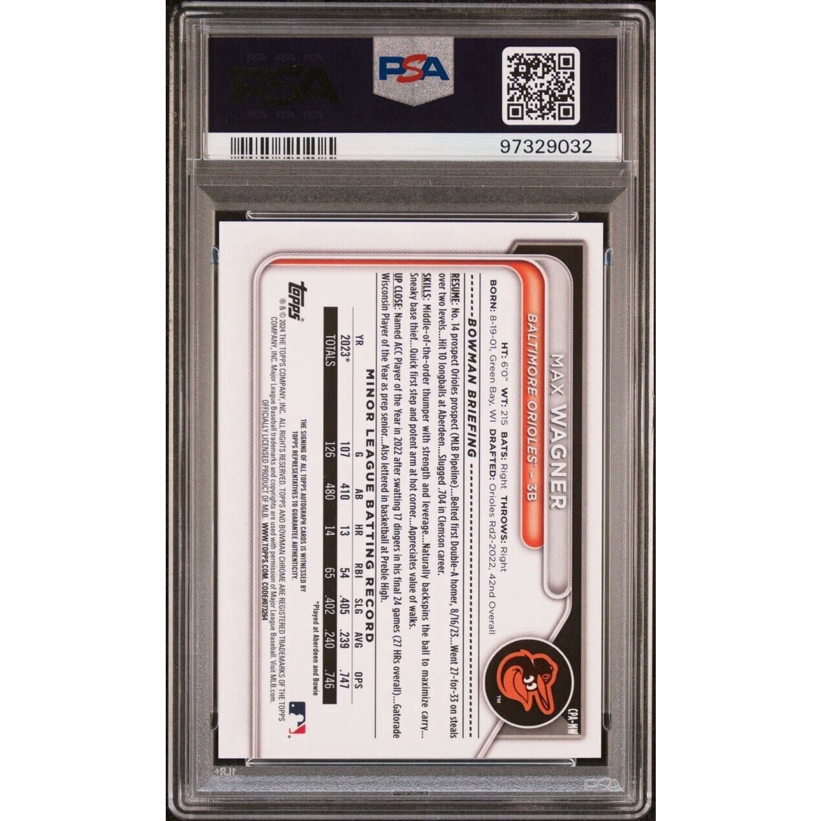 Back view of Max Wagner 2023 Bowman Chrome Blue Refractor autograph card