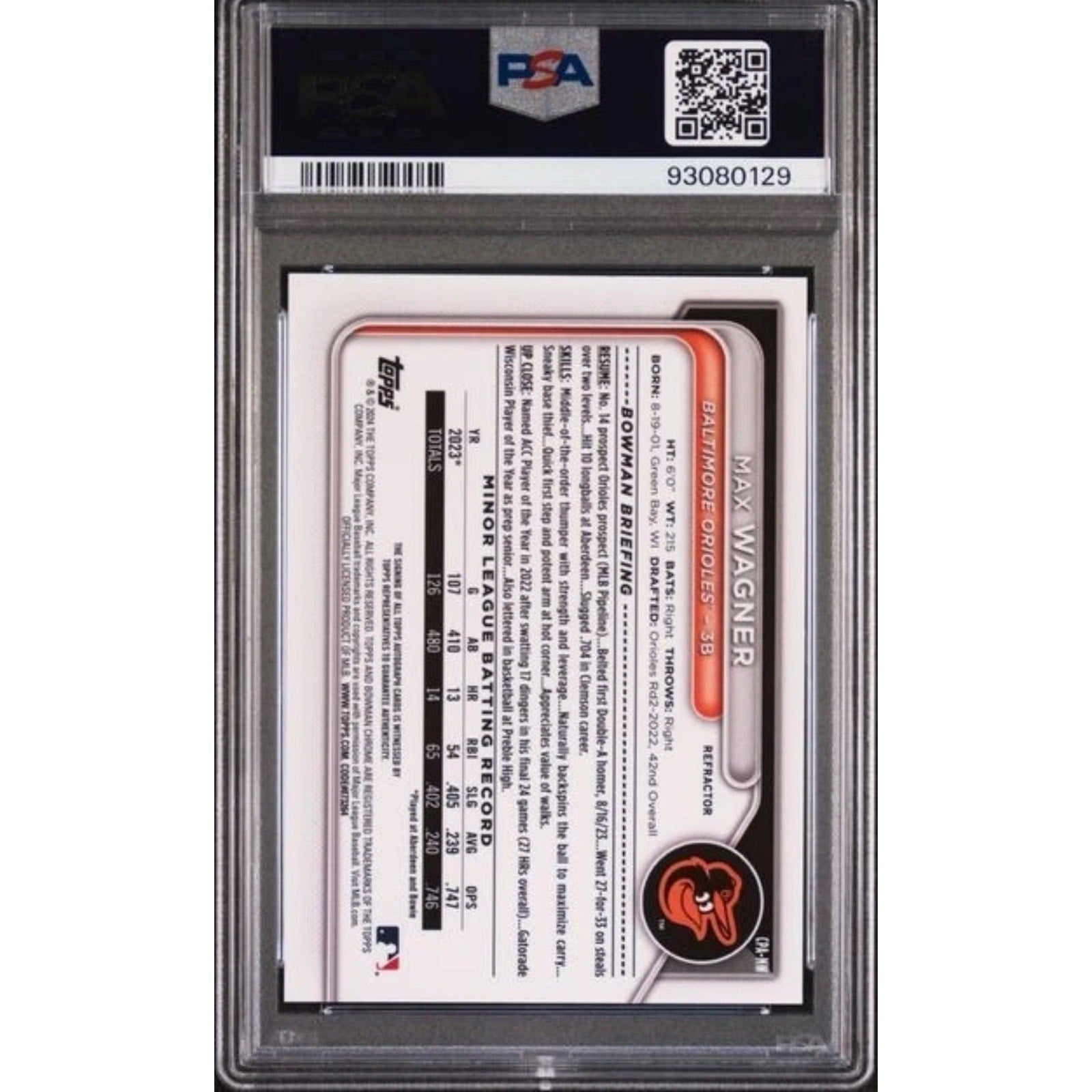 Back of 2023 Bowman Draft Max Wagner 1st Bowman Chrome Refractor Auto PSA 10 card