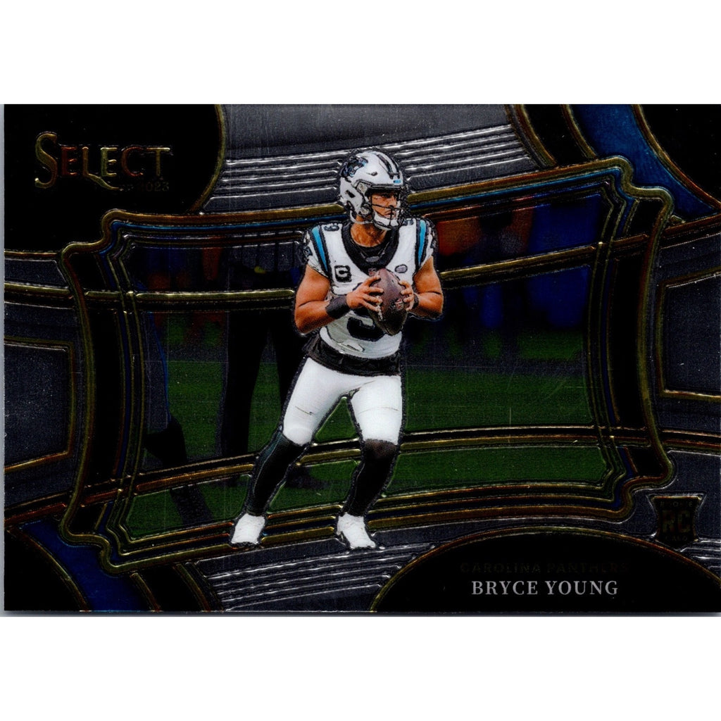 2023 Panini Select Field Level Bryce Young #313 Silver Prizm rookie card front view featuring Carolina Panthers quarterback