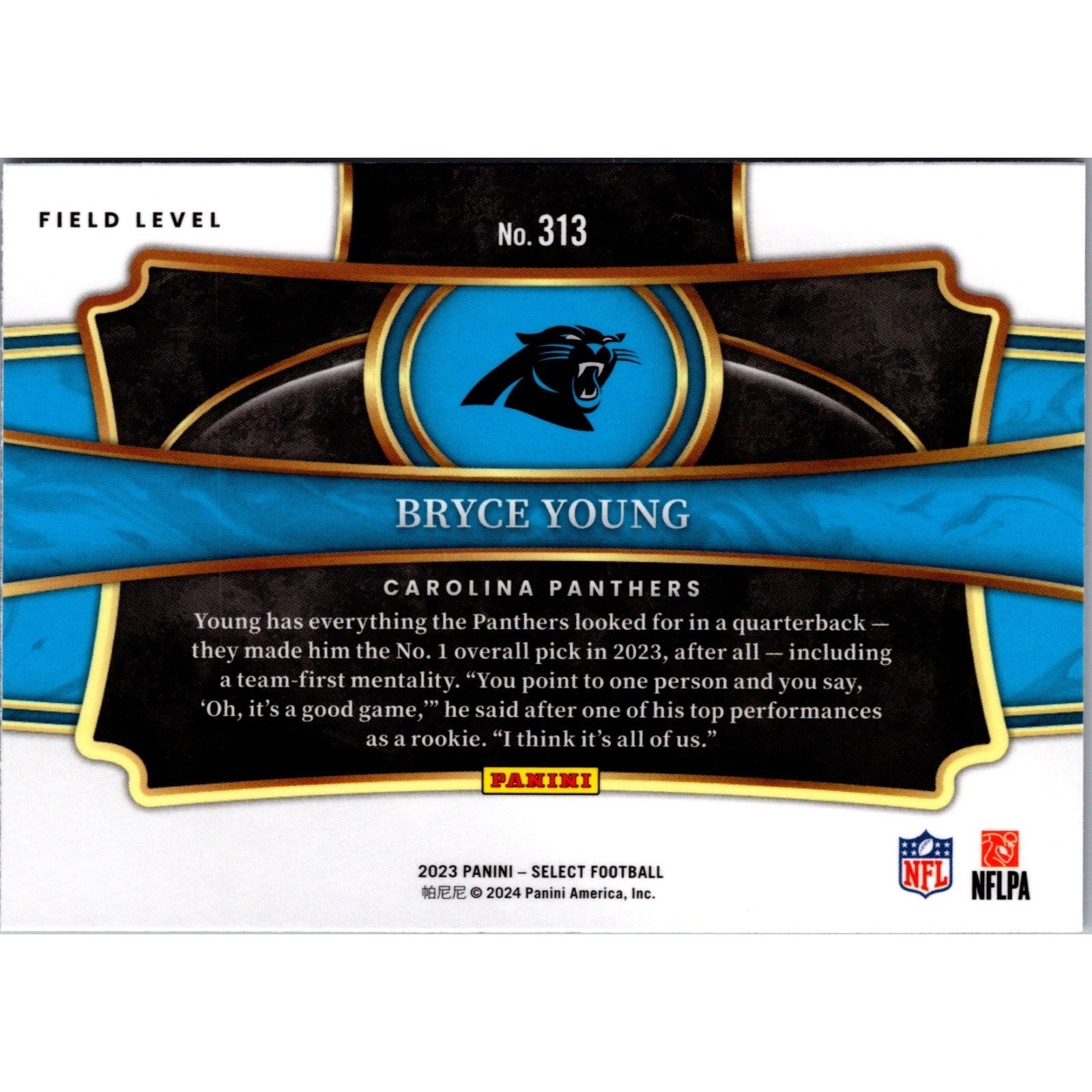 Back view of 2023 Panini Select Bryce Young Field Level Silver Prizm rookie football card #313 for Carolina Panthers collectors