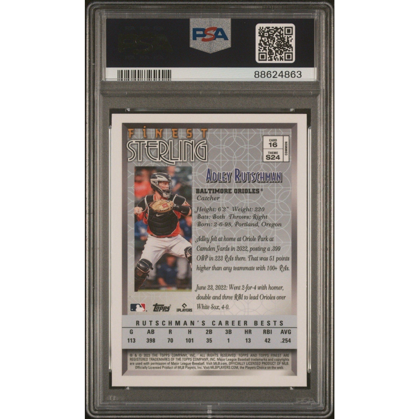 Back view of Adley Rutschman 2023 Topps Finest Flashbacks PSA graded baseball card