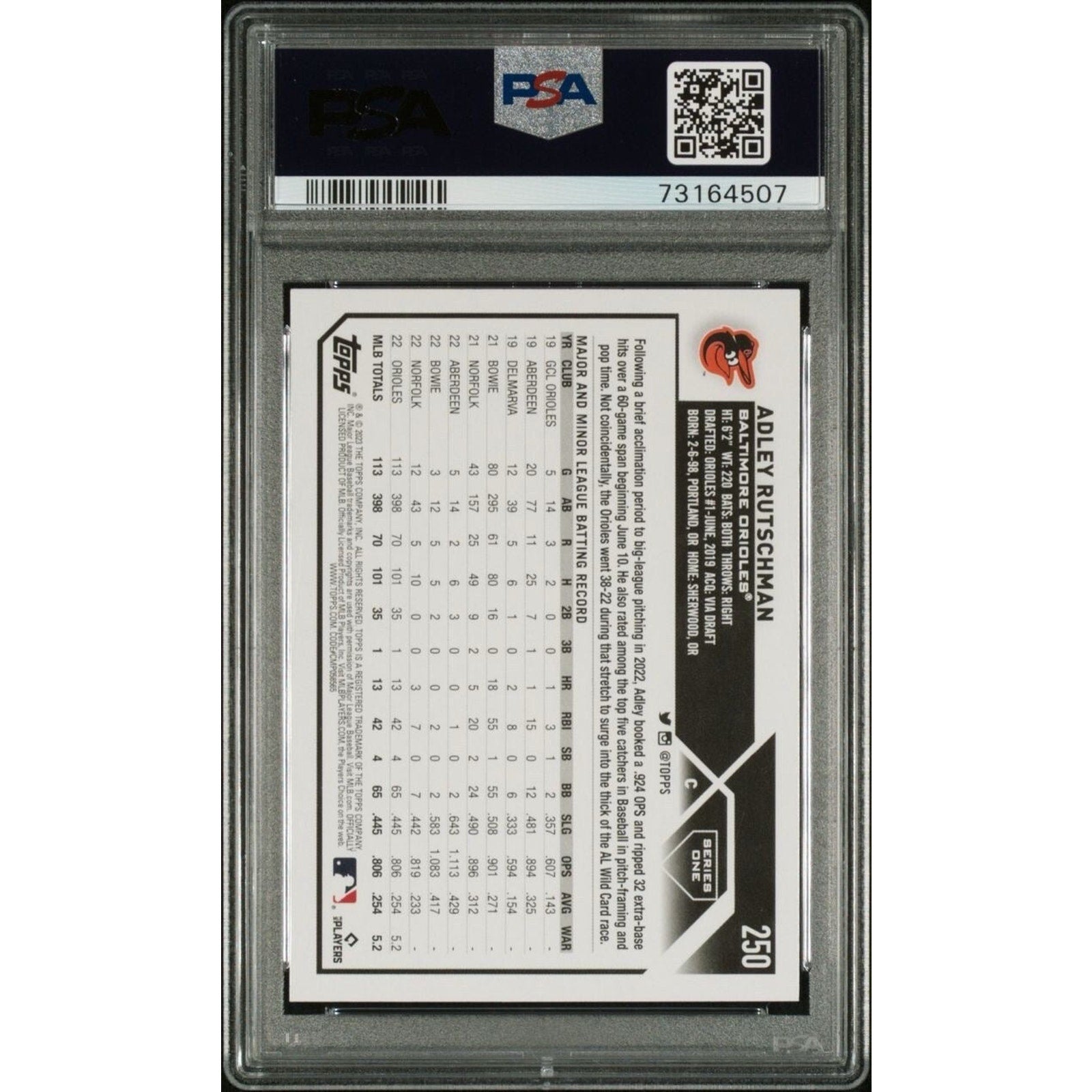 Back of PSA graded Adley Rutschman 2023 Topps rookie baseball card